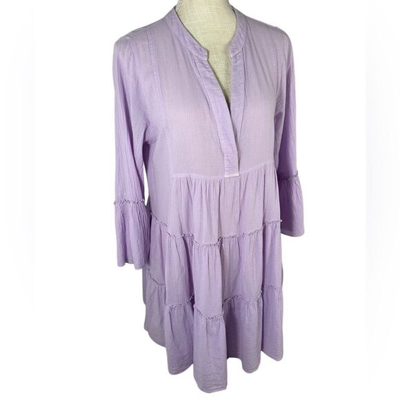 Devotion TWINS Lavender Purple Ella Tiered 3/4 Sleeve Boho Mini Dress - Picture 3 of 8